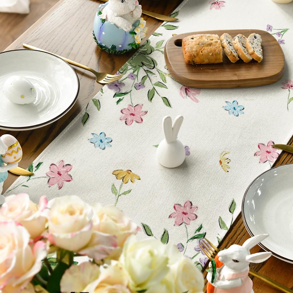 Artoid Mode Sheep Cross Eggs Easter Table Runner,Seasonal Spring Wild Flowers Kitchen Dining Table Decoration for Home Party Decor 13x72 Inch