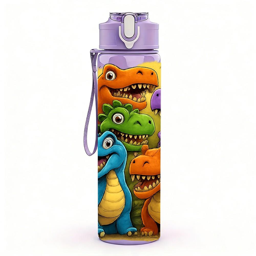 1PC Colorful Dinosaur Group 750ml Color Plastic Sports Water Bottle Leakproof Flip Straw Lid Suitable for Sports Office Home Use