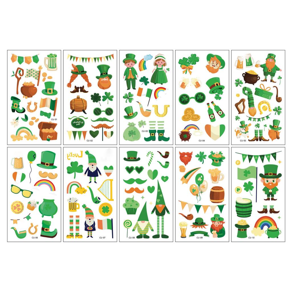 Green Hat And Floral Pattern Temporary Tattoos, Irish Festival Stickers, St. Patrick's Day Temporary Tattoos.