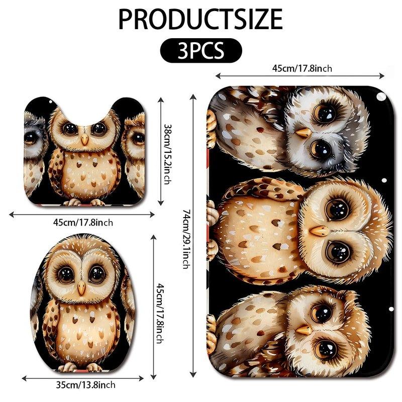 3pcs Cute Owl Bathroom Rug Set Non-Slip U-Shaped Mat and Toilet Lid Cover Animal Theme Home Decor Washable Indoor Floor Mats