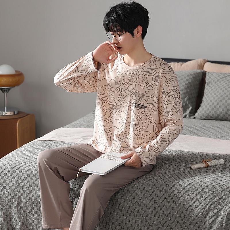 Тип Пижамный костюм из чистого хлопка на осень-зиму для мужчин с длинными рукавами из хлопка, комплект домашней одежды для мужчин, мягкая домашняя одежда для мужчин