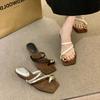 Fashion Women Sandals Narrow Band Fashion Metal Decoration Low Heel Slip On Summer Female Slipper Elegant Slides Outdoor Beach Flip Flop