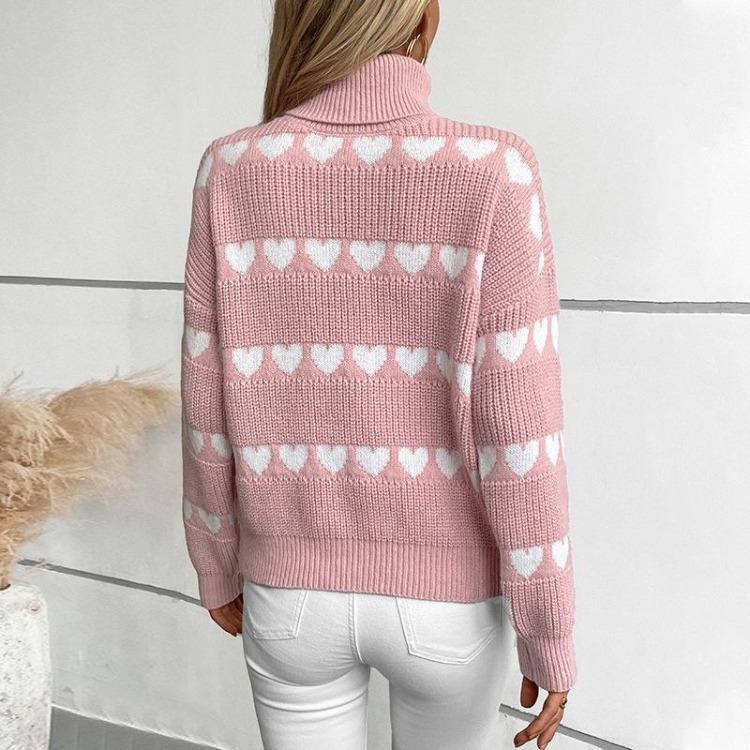 Vintage Heart Print Loose Knitwear Cardigan Stand Collar Sweater Long Sleeve Top for Autumn Winter
