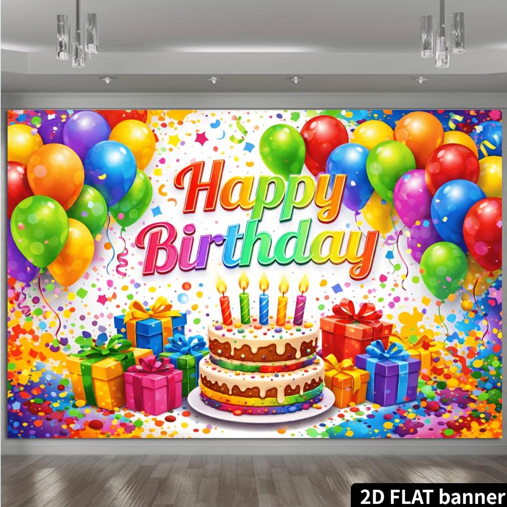 2D plane birthday party backdrop printed with colorful "Happy Birthday".PMJ