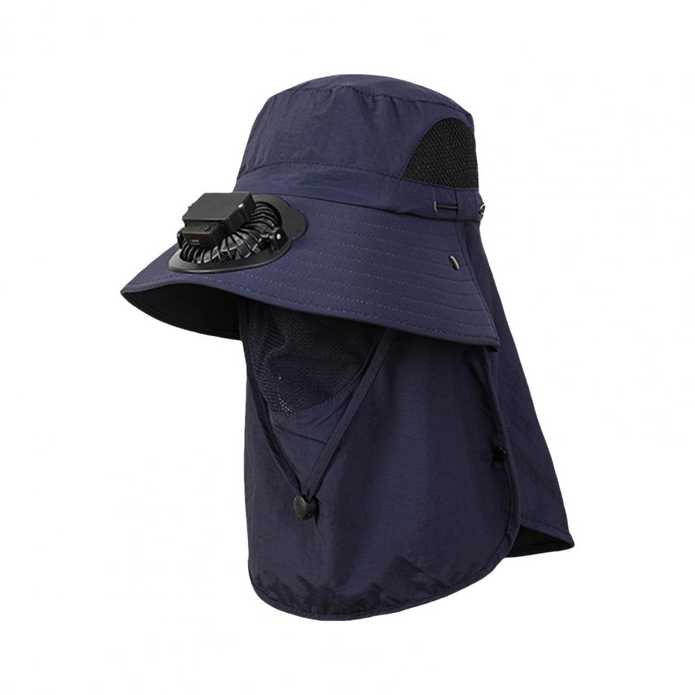 Men Solar Fan Hat with Face And Neck Cover USB Rechargeable Fan Large Brim Hollow Mesh Windproof Strap Anti-UV Sunlight Protecti