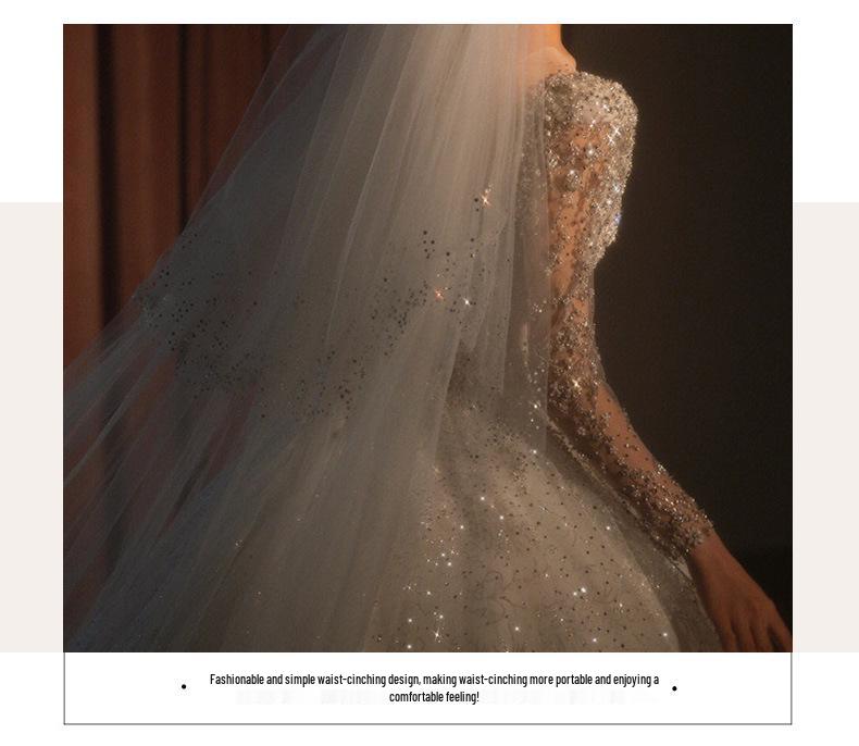 2025 Vintage French Long Sleeve Wedding Dress with Heavy Train and High-End Texture