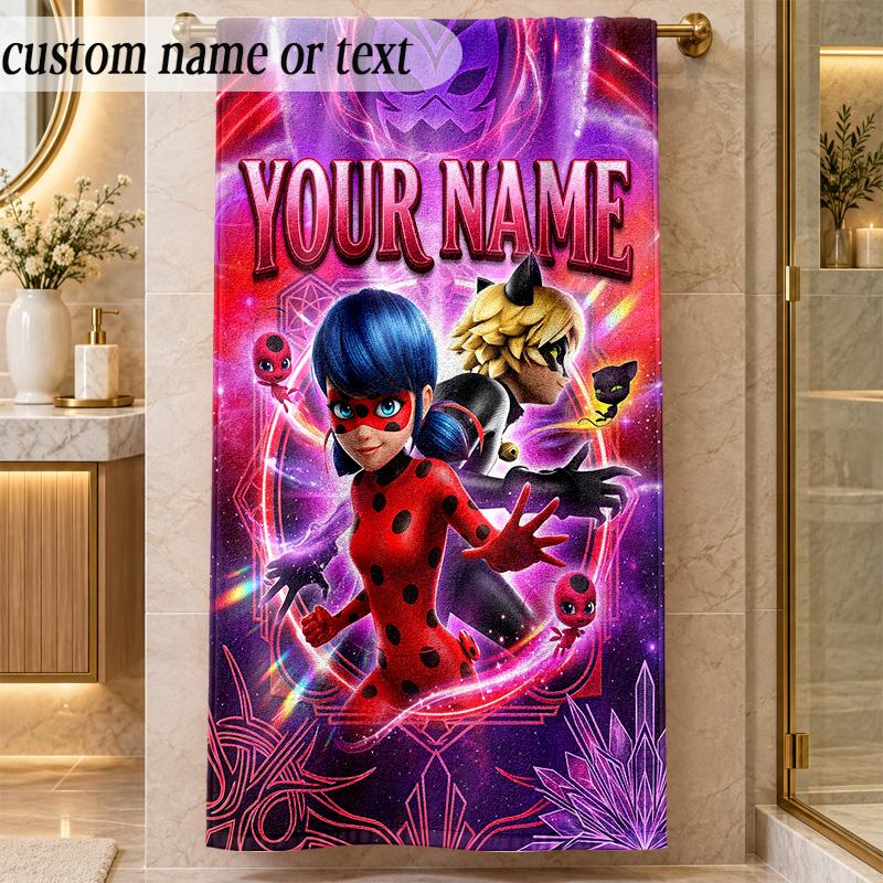 Beach TowelMiraculous Ladybug Custom Name Text Personalized Soft Towel for Beach Pool Indoor Home Decor Gift