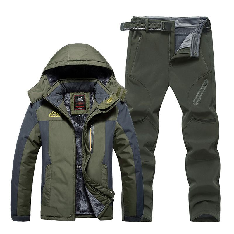 Plus Size 9XL Outdoor Jacket Pants Suit Men's Winter Plus Velvet Thickened Mountaineering Suit Jacket Pants Including Belt Suit
