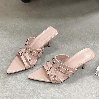 Мода Liyke Женские Дизайнерские Металлические Клепки Узкий Ремешок Острый Носок Низкий Тонкий Каблук Шлепанцы Сандалии Летние Вечерние Туфли Мюли Слайды
