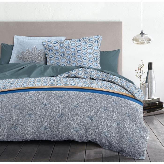 Parure de couette 220x240 cm HOME LINGE PASSION LOUXOR : Housse de couette + 2 taies d'oreiller - 100% Coton 57 Fils - Bleu
