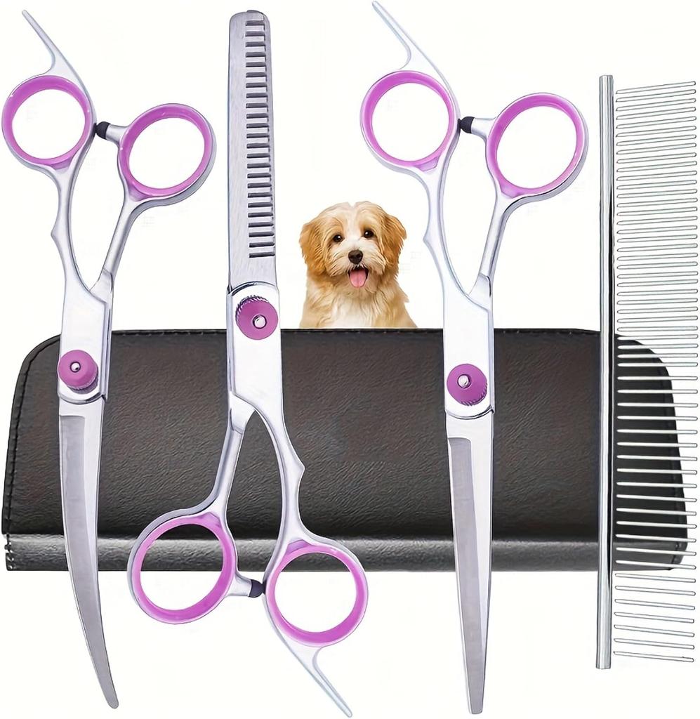5-in-1 Pet Grooming Scissors, Stainless Steel Straight Thinning Curved Shears & Comb for Pet Use