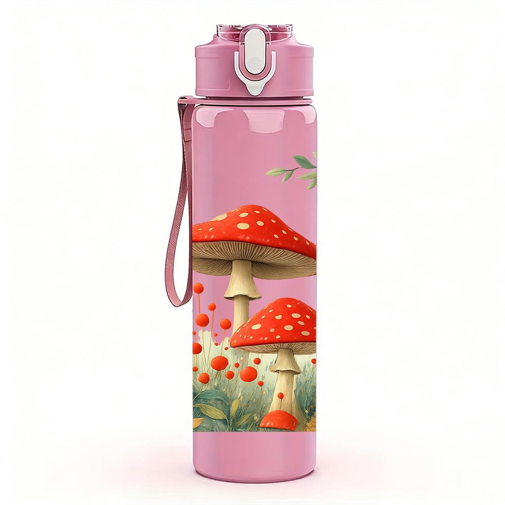1PC Red Mushroom Forest Scene 750ml Color Plastic Sports Water Bottle Leakproof Flip Straw Lid For Sports Office Home Use
