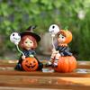 2Pcs Pumpkin Witch Figurines Witch Holding Skull Balloon Ornament Cartoon Witch Statues for Halloween Miniature Scene Props