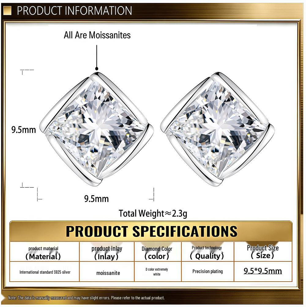 European Style S925 Sterling Silver Moissanite Square Stud Earrings