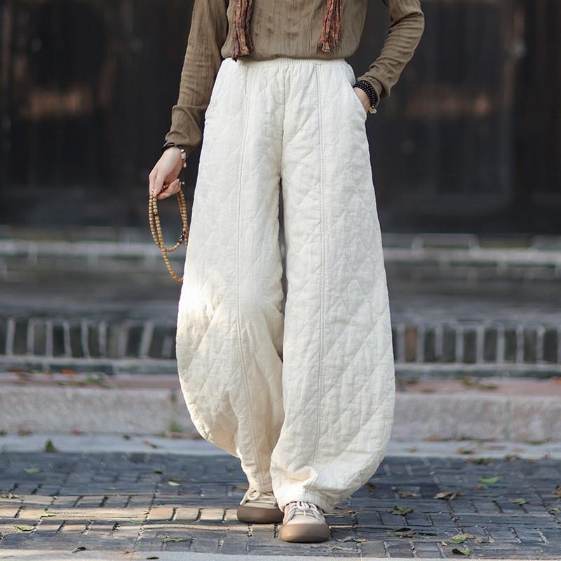 Johnature Женские винтажные панталоны Зимние брюки с эластичной талией Однотонные брюки Теплые свободные брюки