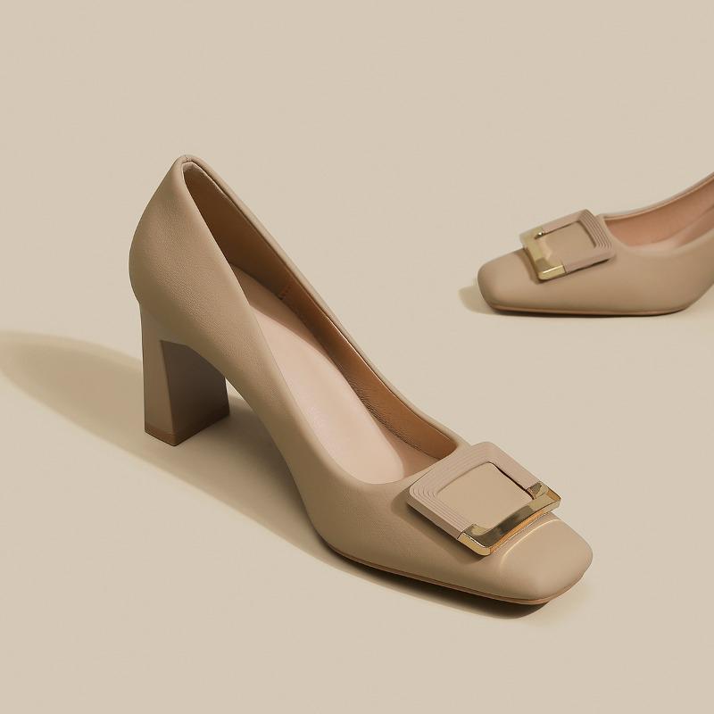 Fashion New Spring Pu Pumps Women Fashion Metal Decoration Female Slip On Square Toe Work Shoes Thick Heel Women's Single Shoes S01