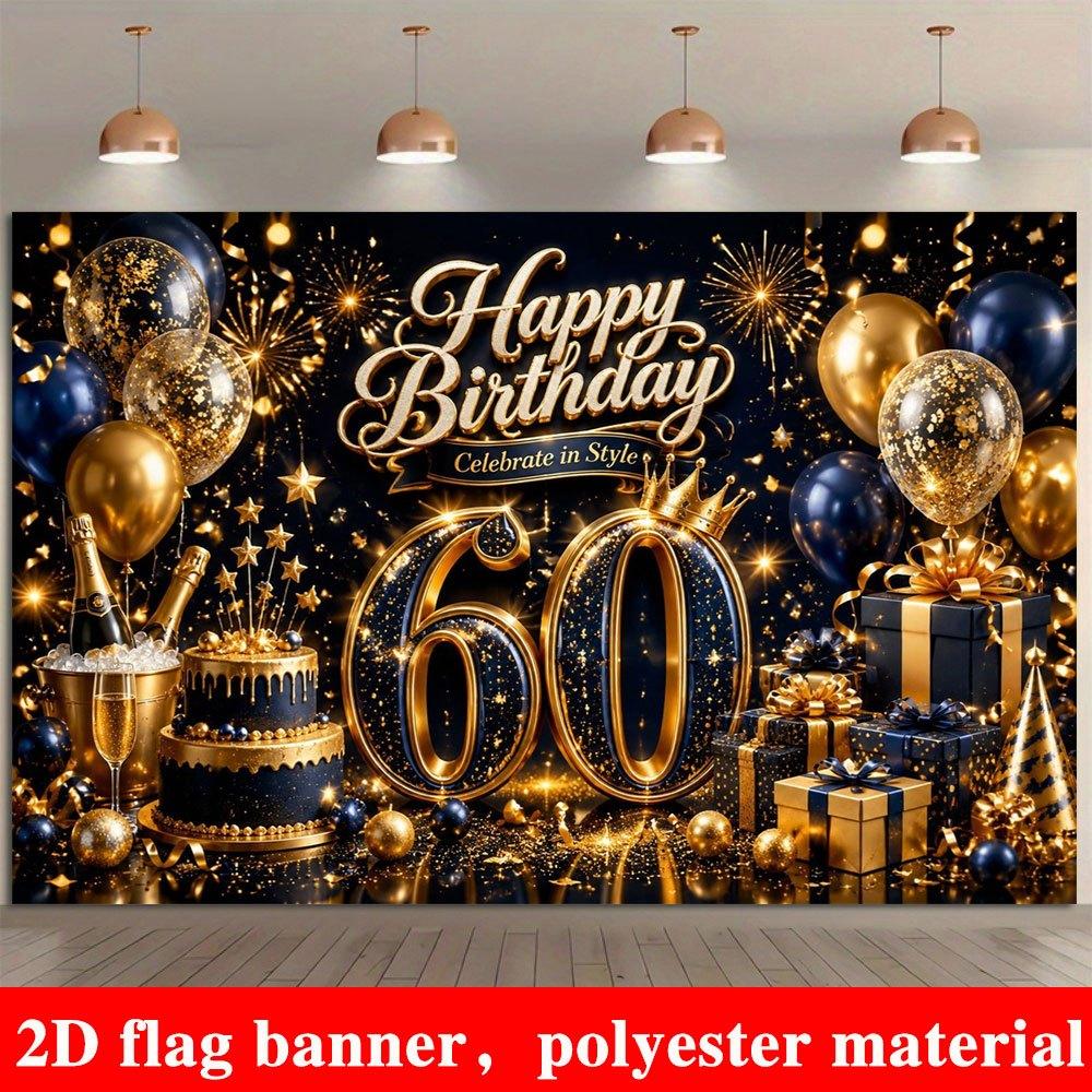 2D Flat Banner, 60th Birthday Backdrop, Number 60, Balloons, Cake