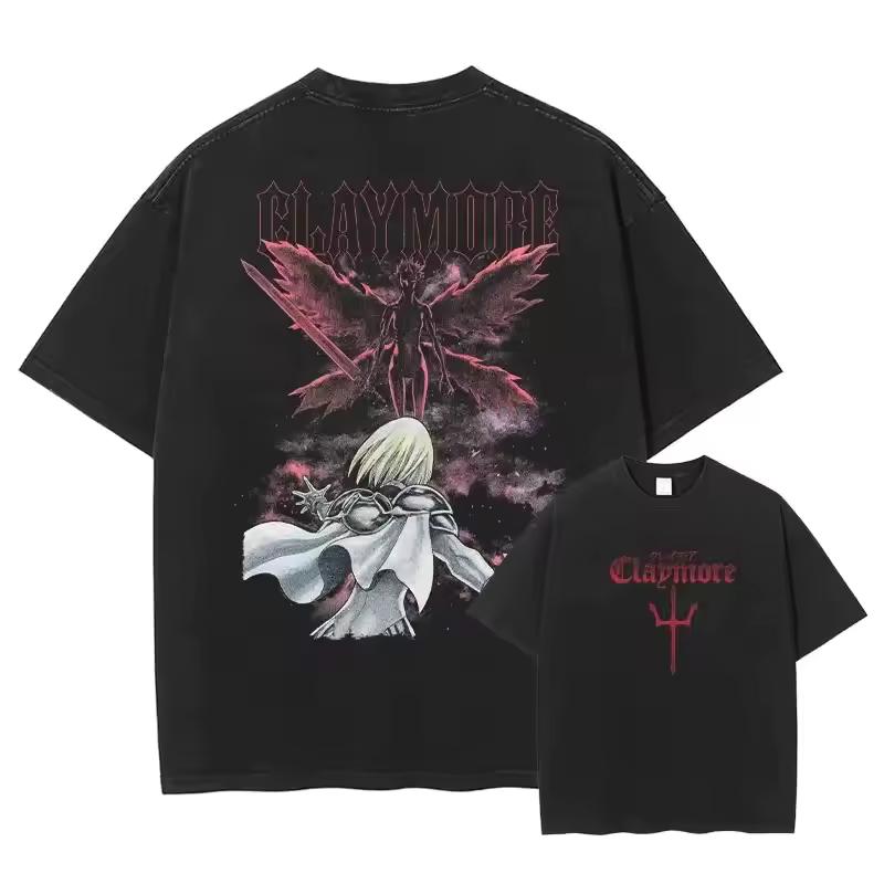 Claymore Graphic T‑Shirt Clare Vs Awakened Being Print Men Women Casual Short Sleeve Unisex Streetwear Vintage Washed Tees Tops