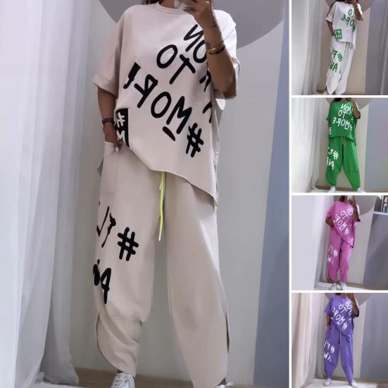 O-Neck Short Sleeve T-shirt Waist Ties Pockets Harem Pants Set Letter Print Casual Tracksuit