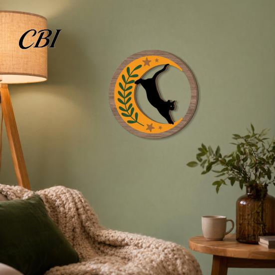 Wooden Cat Wall Art 4Pcs 3D Boho Decoration, Round Hangings, Animal Star Sun Moon Healing Night Decor Botanical Decor, Layered Wood Plaque for Living