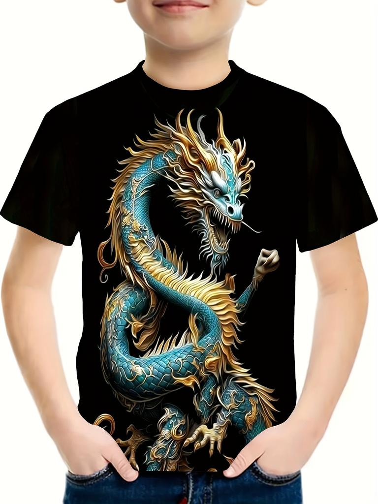 Детская одежда Футболки для мальчиков Детская футболка с коротким рукавом Стильный 3D-принт дракона Графи Повседневная летняя одежда для девочек Топы