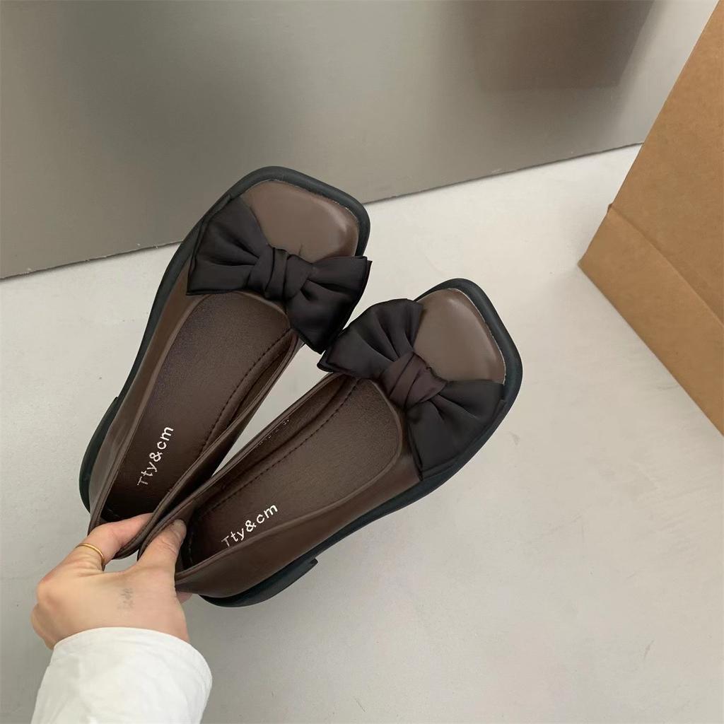 Womens Shoes Low Heel French Bow Retro Square Head Shallow Mouth Mary Jane Shoes New 2024 Retro Shoes Women Ladies Shoes