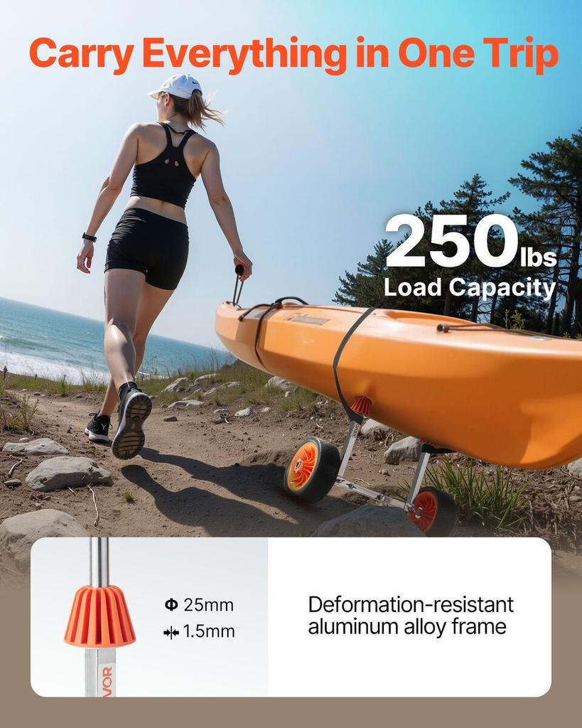 Kayak Cart, 113.4 kg Load Capacity, Canoe Cart Dolly with 19.1 cm Solid Rubber Tires & Kickstand, Assembles & Disassembles Within Seconds, Paddle