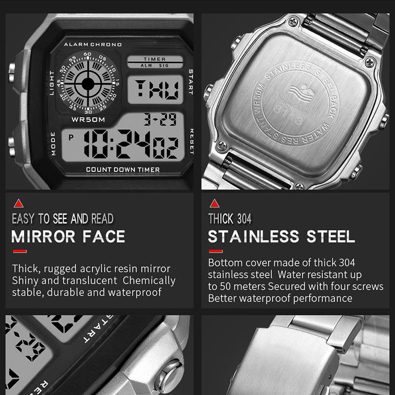 Наручные часы из нержавеющей стали, мужские цифровые спортивные часы с квадратным лицом и будильником, секундомер