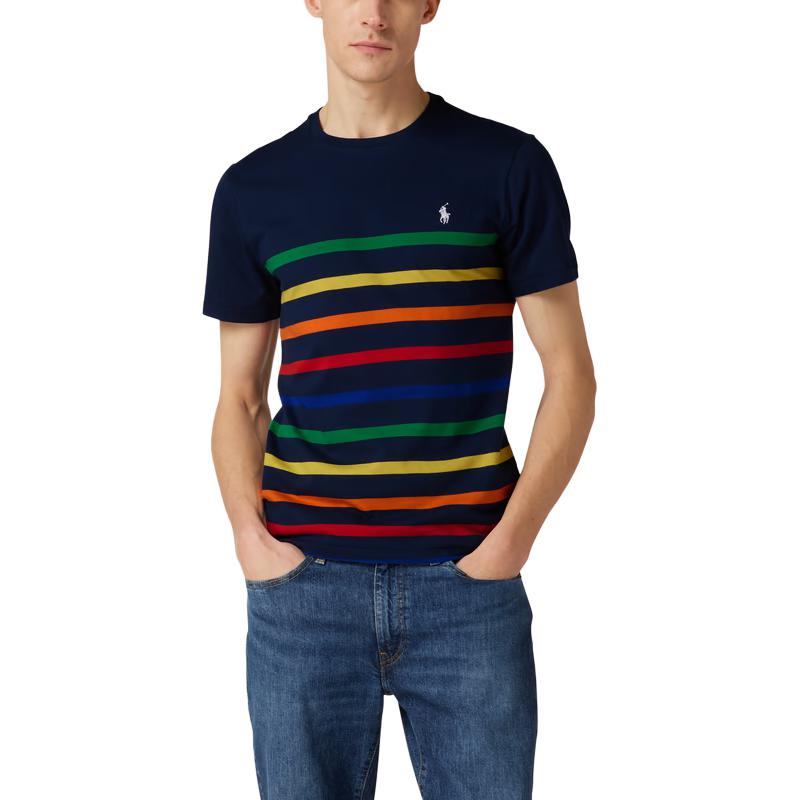 Polo Ralph Lauren SS22 Полосатая футболка с круглым вырезом и коротким рукавом для мужчин, топы, синяя 860413-001