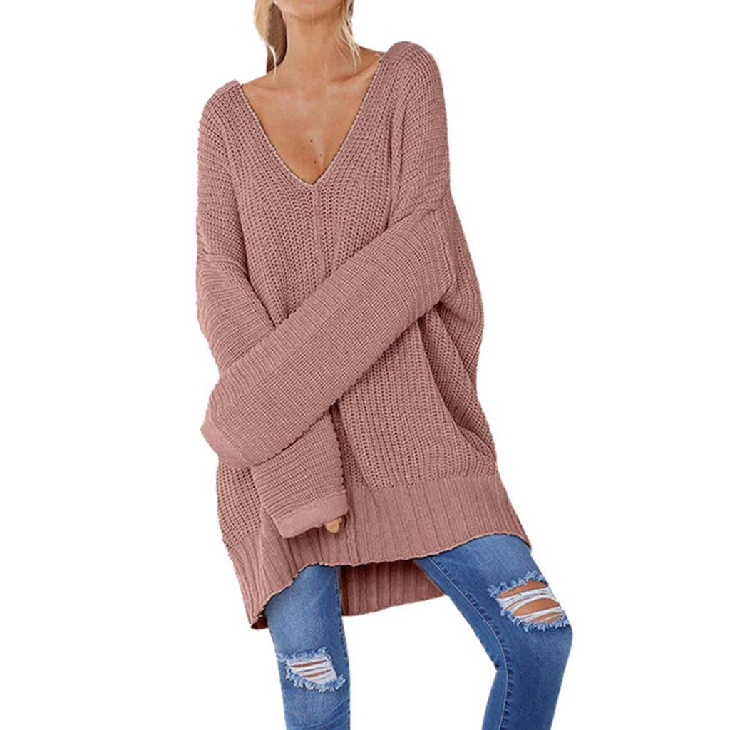 Fashion Women Casual Solid Long Sleeve Jumper V-Neck Lazy Loose Sweater Blouse