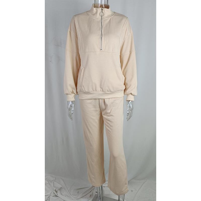 Однотонные свободные комплекты из двух предметов с воротником на половину молнии, женские повседневные одинаковые комплекты, осенне-зимние пуловеры и костюм с широкими брюками