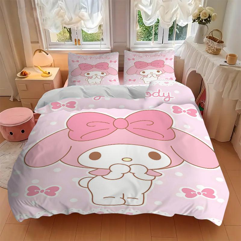 3pcs My Melody Cute Pink Bow Wallpaper Printed Quilt Set - Soft and Comfortable Quilt Cover for Bedroom, Guest Room H073