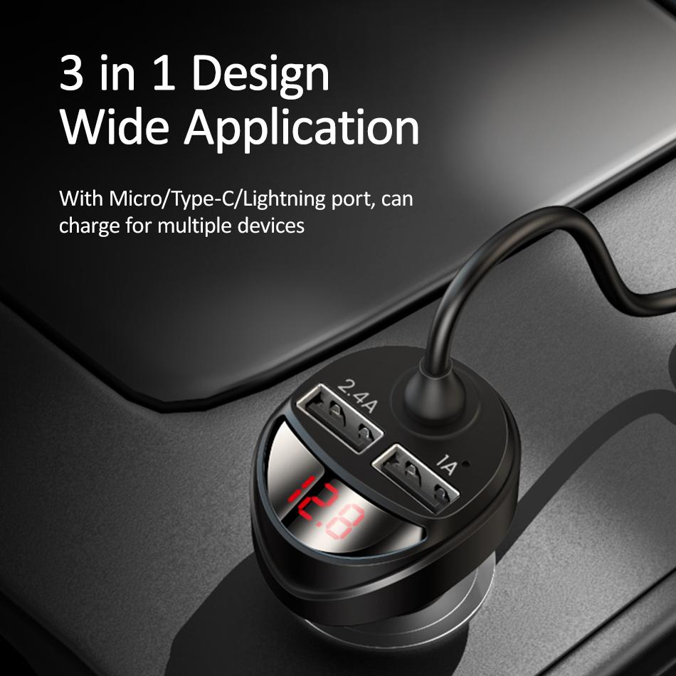 USAMS 3.4A Автомобильное зарядное устройство со светодиодным цифровым дисплеем и кабелем 3 в 1, зарядное устройство для телефона с двумя USB-портами для iPhone iPad, Xiaomi, Huawei, Samsung, планшета
