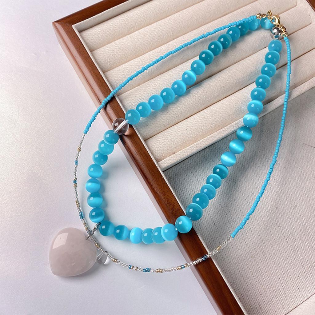 Elegant Love Heart Blue Cats Eye Stone Beaded Necklace Symbolizing Love and Tenderness for Trendy Women Casual Wear