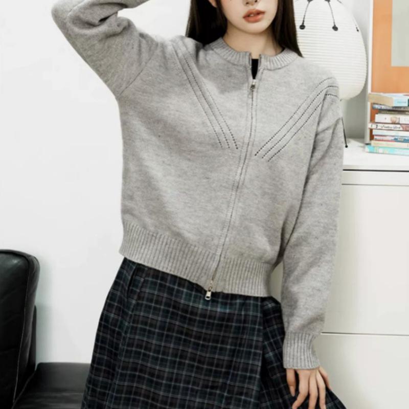 Versatile Women's Round Neck Knit Cardigan - Solid Color Zipper Outerwear for Autumn, Winter, and Spring