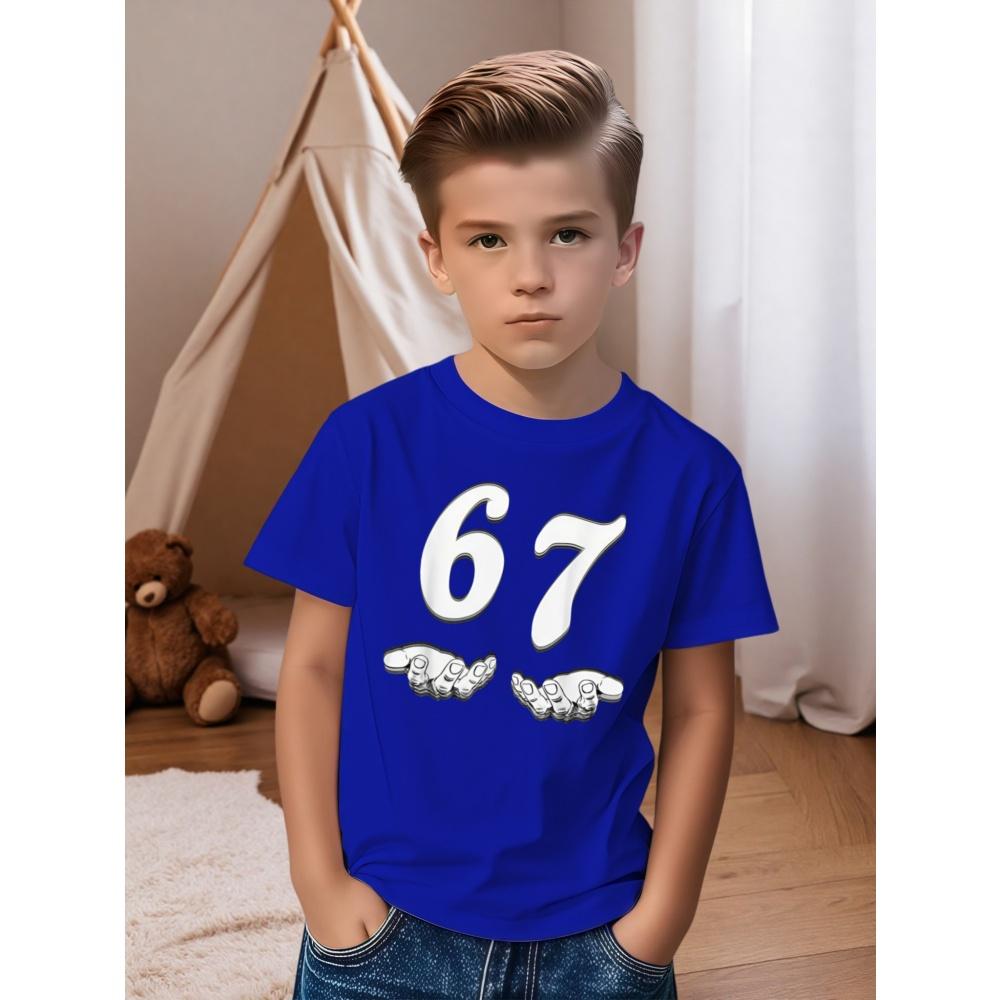 Мальчиковая футболка с графическим 3D-принтом числа 67, удобный топ с коротким рукавом и круглым вырезом, летняя повседневная спортивная детская футболка