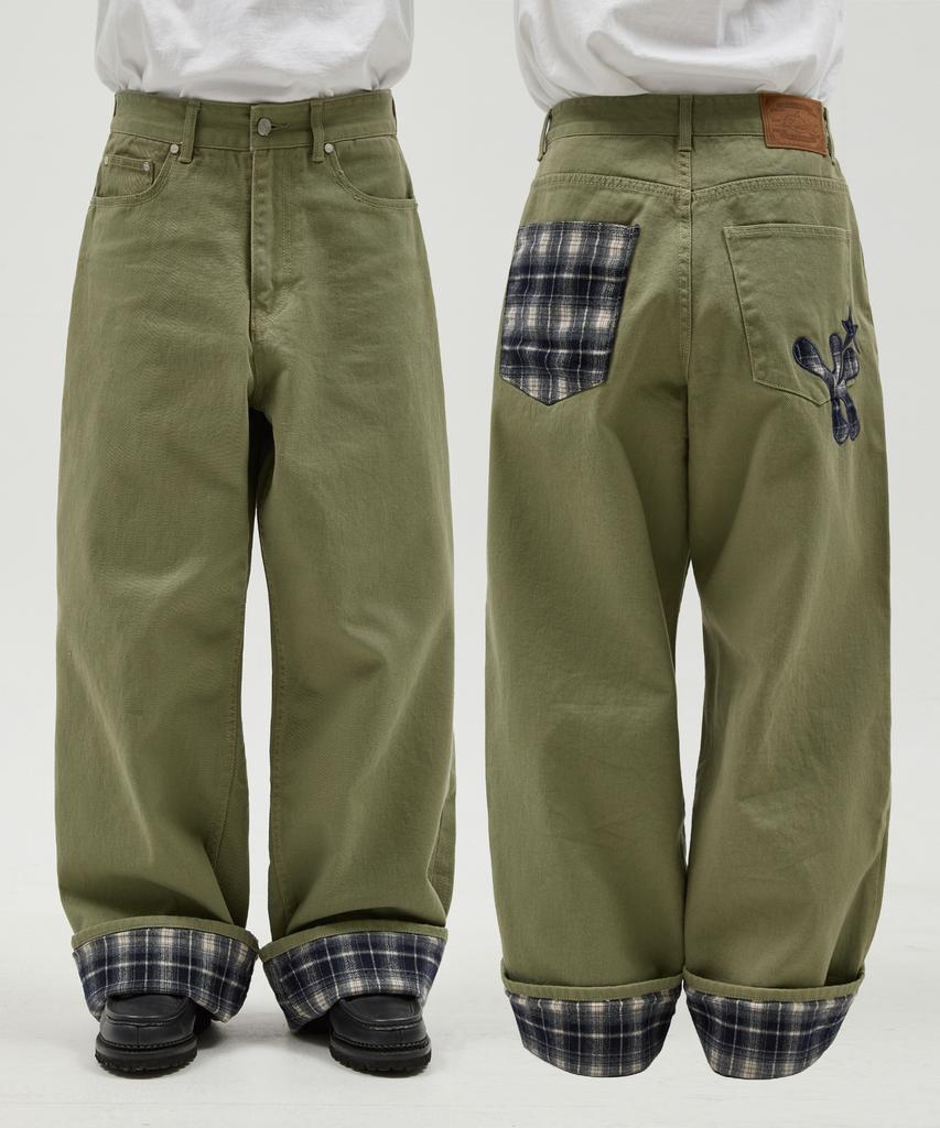 WAIKEI Check Applique Roll-Up Cotton Pants Khaki