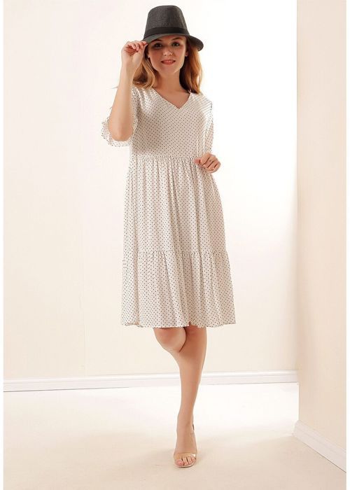 MT Clothes - Robe Col V à Pois Blanc 36