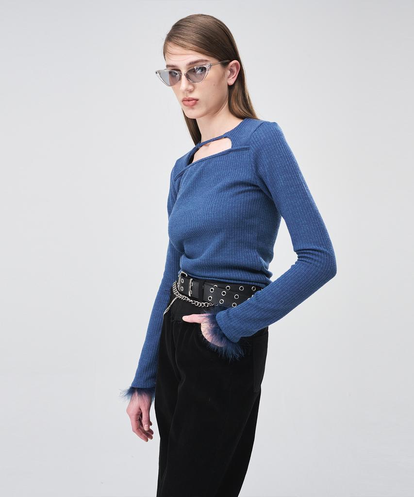 ETMON Fur Trimmed Strap T-Shirt Blue