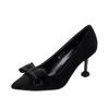 2024 Small Size 33 34 2024 Black Bow Slim Heel Suede Cat Heel Pointed Small Bow-tied Pumps Low Thick Heel Shoes Office Workers
