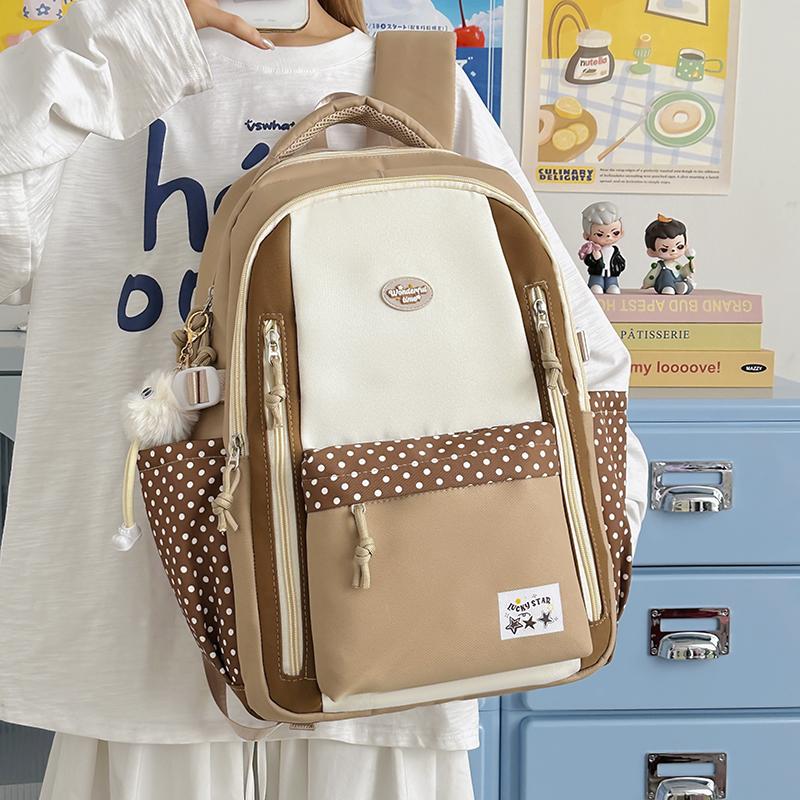 Dot Color Block Backpack Preppy Schoolbag Large Capacity Lightweight Backpack