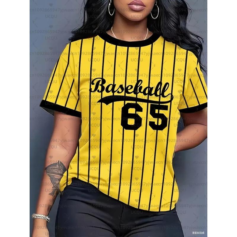 Couple Outfits Baseball Stripe Printed Round Neck Short Sleeve T-Shirt Summer Graphic Tee Jerseys Women Sport Tops Tee