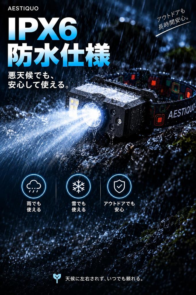 AESTIQUO Headlight High 48g Stepless Hand Motion IPX6 [20000LM Brightness, 3-Way Mounting] Lightweight, Dimming, Sensor, 180° Adjustment, Type-C