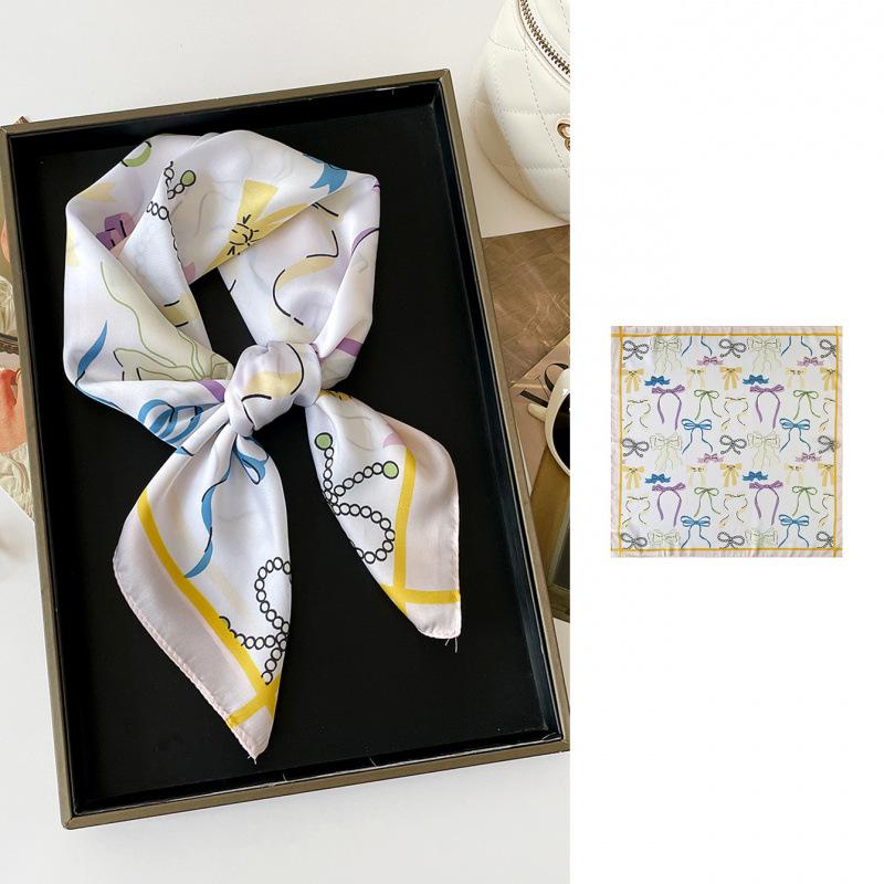 Fresh Color Bow Printing Small Square Scarf Sweet Silk Scarf Versatile Decorative Scarf Scarf Scarf Supply
