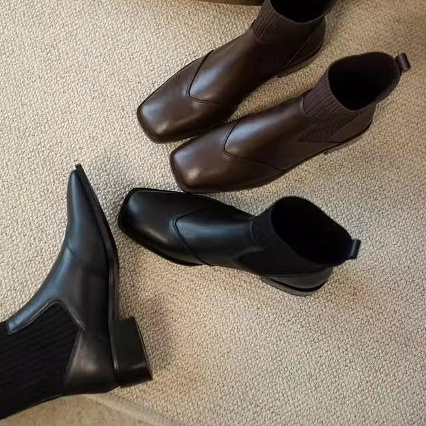 Челси женские короткие ботильоны на высоком каблуке весенне-осенние одинарные ботинки 2025 новые эластичные ботинки Мартина толстый каблук кожаные тонкие ботинки-носки