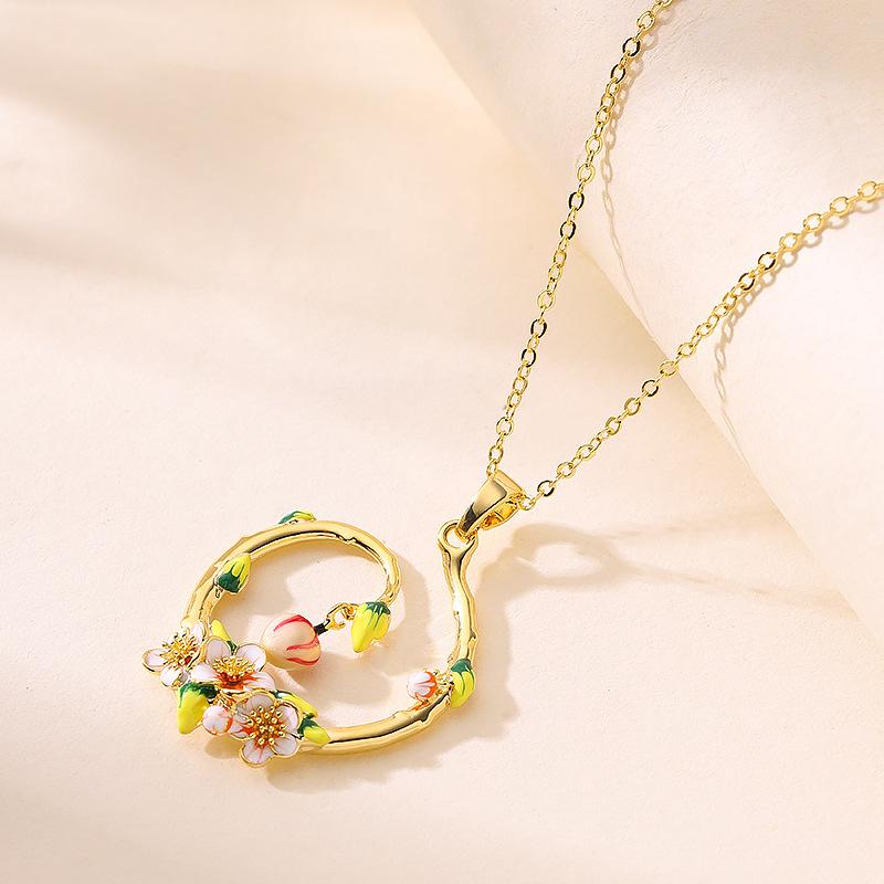 Environmentally friendly copper-plated real gold fashionable simple oil drop enamel flower apple pendant necklace light luxury niche collarbone chain