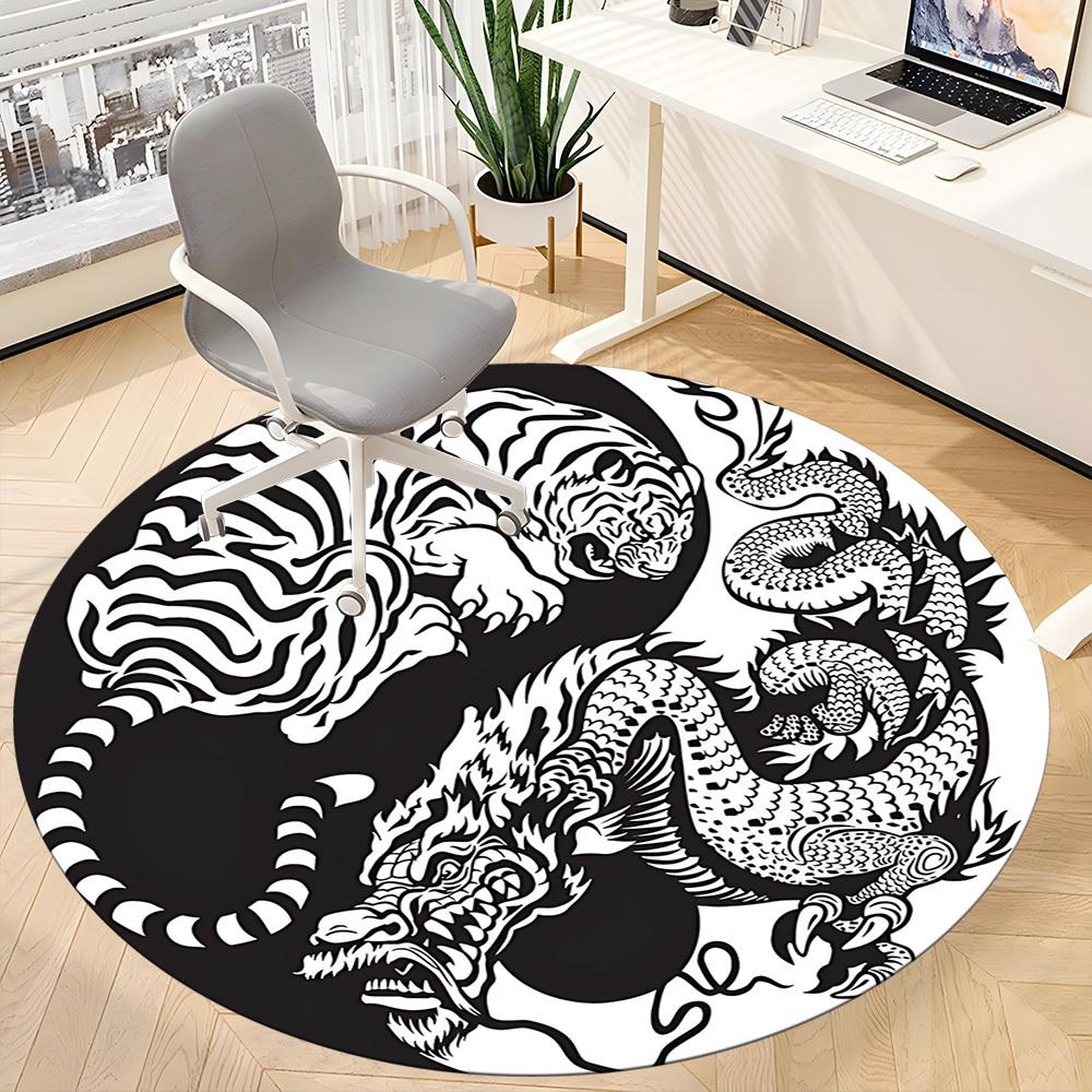 1pc Tiger Dragon YinYang Office Round Area Rug, Under Office Chairs Bedroom Living Room Home Decor, Room Deco, Available in Various Sizes