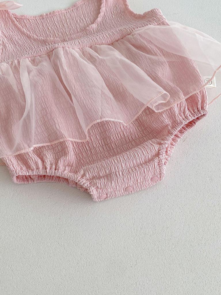 Летний детский комбинезон: Розовое сетчатое платье принцессы со сладким бантом для новорожденных девочек