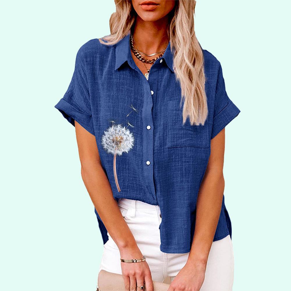 Плюс размер Женская мода цветочный принт футболка лето и осень повседневный льняной топ женская свободная застегивающаяся на пуговицы блузка с коротким рукавом