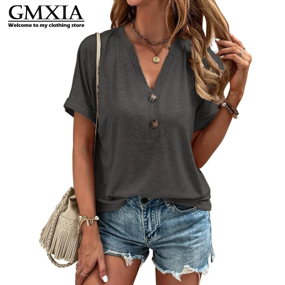 GMXIA Women's Fashion Casual Solid Color Print Short Sleeve V Neck Leisure Blouses & Shirts